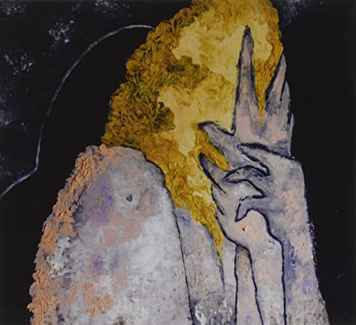 Abstract painting of a figure with golden hair, hands covering face.