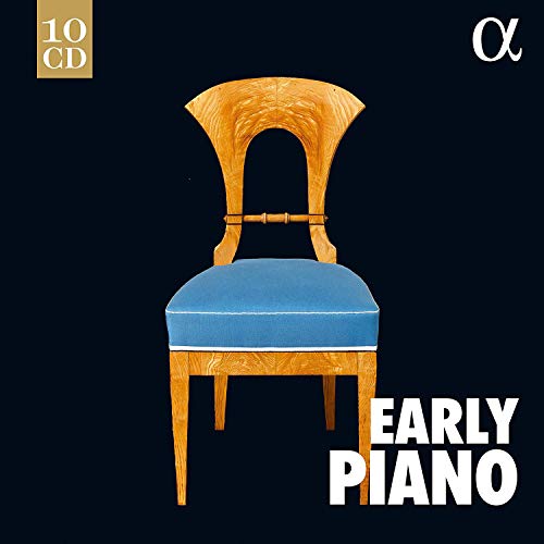 "CD cover featuring a wooden chair with blue upholstery, against a black background."