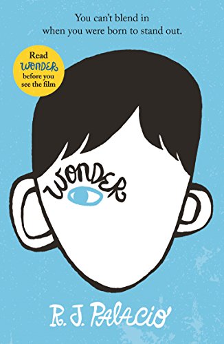 "Book cover of 'Wonder' by R.J. Palacio, featuring a child's face with 'wonder' written over one eye."