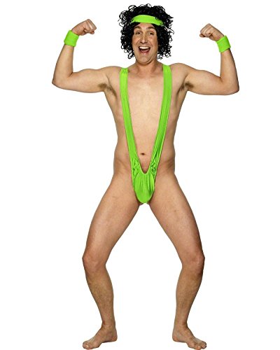 Man wearing a neon green mankini swimsuit, sunglasses, socks, and shoes.