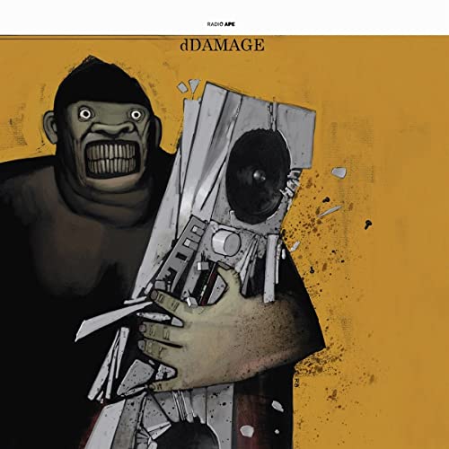 Album cover: gorilla holding a broken boombox, sketched style, yellow background.