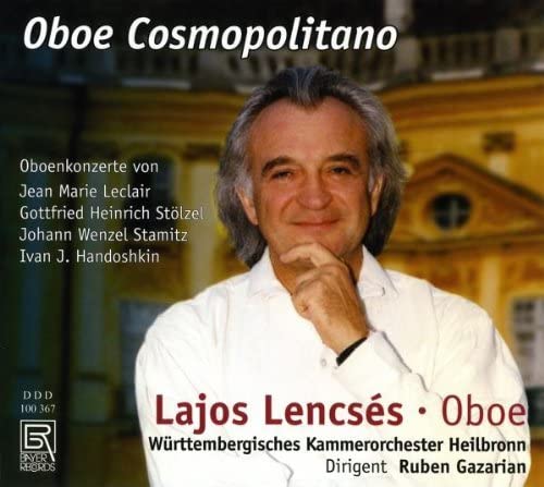 CD cover featuring portrait of oboist Lajos Lencsés and building facade.
