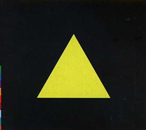 A black album cover featuring a large yellow triangle and a thin, multicolored stripe.