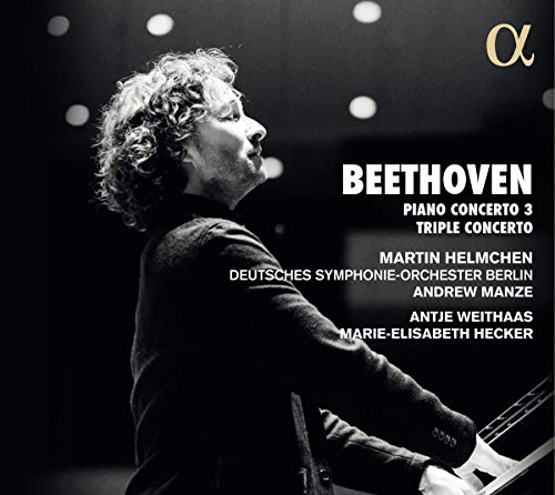 Black and white image of man playing piano with white text and gold logo.