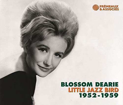 Blossom Dearie portrait album cover, black background, 1950s style hair.