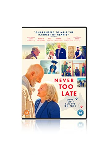 Never Too Late" DVD cover featuring portraits and a couple embracing.