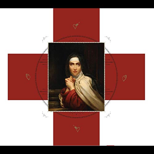 "Album cover with a portrait of a woman in prayer, surrounded by a red cross."