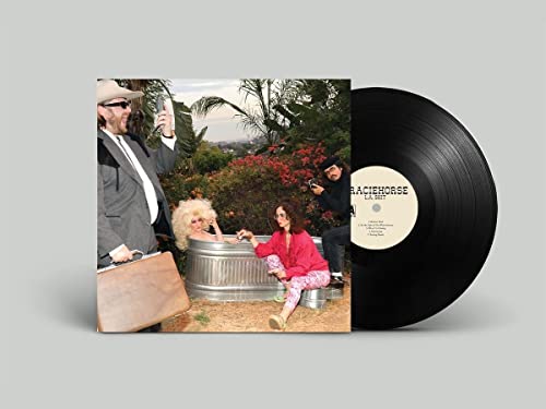 Vinyl record with album cover featuring people in a sunny outdoor scene.