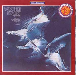 "CD cover with abstract blue image, red border, and white text 'Weather Report'."
