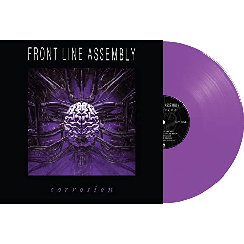 Front Line Assembly “Corrosion” vinyl record with purple disc and brain imagery.