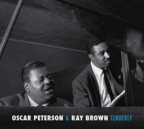 "Black and white album cover featuring Oscar Peterson and Ray Brown in suits."