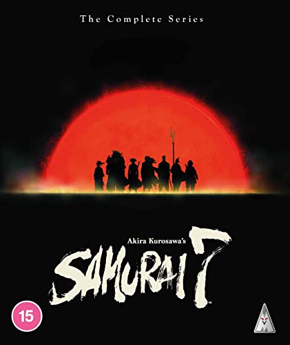 Blu-ray cover for “Samurai 7” featuring silhouetted figures before a red sun.
