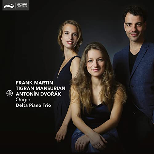 Delta Piano Trio album cover featuring three musicians in formal wear.