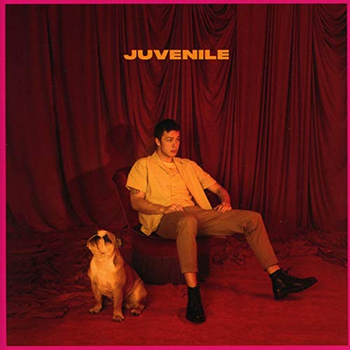 Album cover with a man sitting on a red sofa with a dog.