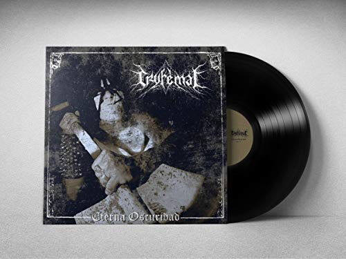 Vinyl record and album cover with a dark, distressed, illustrated figure.