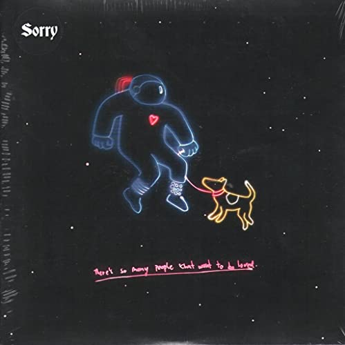 Neon illustration of astronaut walking a dog in space, vinyl record cover.