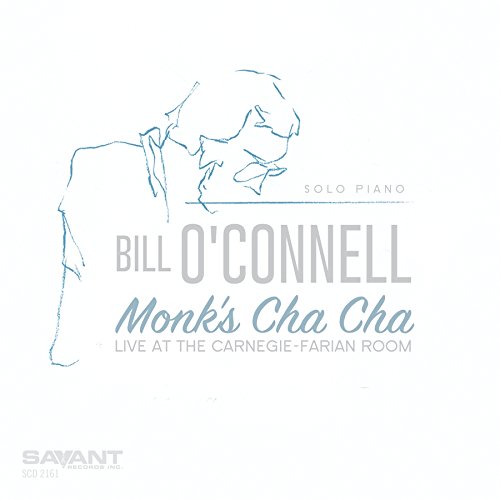 "Album cover with a blue sketch of a man playing piano, white background."