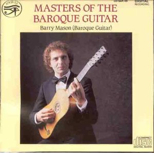 Man in black suit holds baroque guitar, on a CD cover with yellow background.