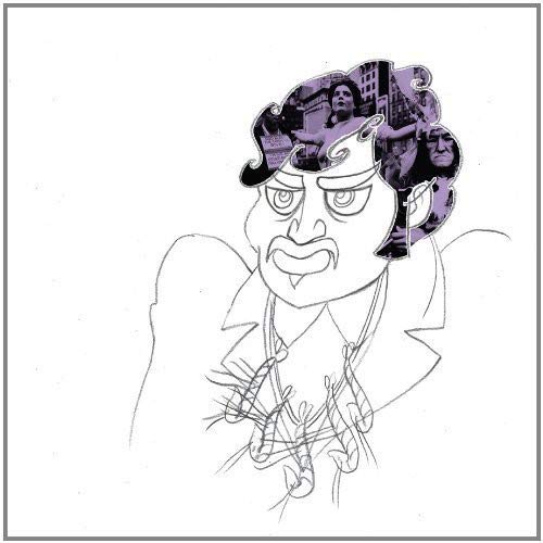 Line drawing of a man with a collage of protest photos in his hair.