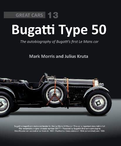 "Book cover with black background, vintage Bugatti car image, and white text."