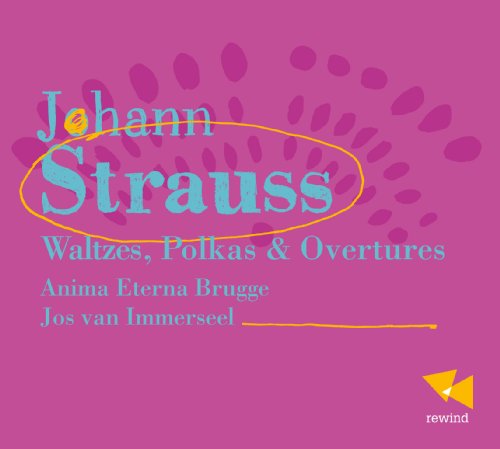 A pink CD cover featuring "Johann Strauss" in large blue text, with artist information.