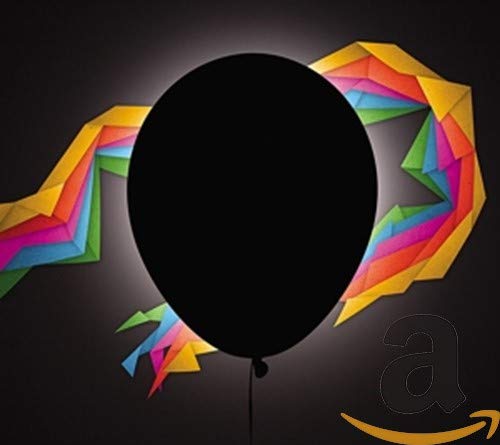 Black circle with colorful, fragmented paper shapes radiating outwards.