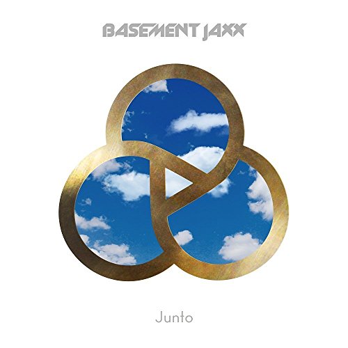 "Album cover with interlocking gold circles and blue sky, titled 'Basement Jaxx - Junto'."