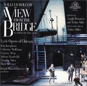 A CD cover for the opera "A View from the Bridge" featuring a man standing on a dock, with a staircase and bridge in the background.