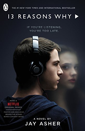 "Book cover of 'Thirteen Reasons Why' featuring a boy wearing headphones with a blurred girl behind."