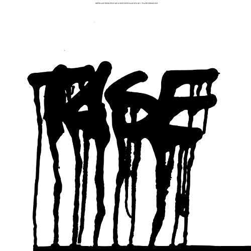 Black abstract shapes resembling figures on a white background.