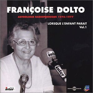 Francoise Dolto portrait with microphone, CD cover for radio recordings 1976-1977.