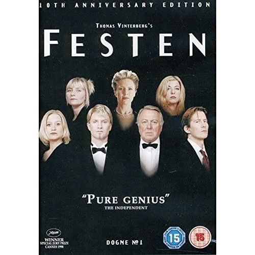 DVD cover for "Festen" featuring a group of formally dressed people.