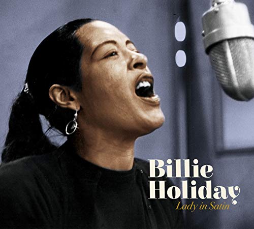 "Billie Holiday album cover featuring a woman singing into a microphone."