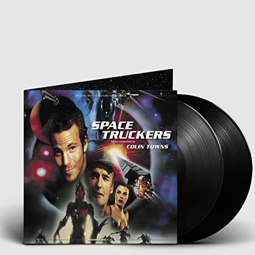 Space Truckers" soundtrack vinyl LP with film cover and black records.