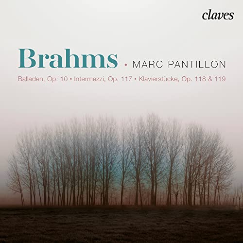 CD cover showing a misty forest with text Brahms, Marc Pantillon, and musical works.