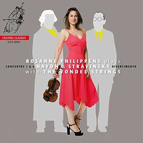 CD cover: woman in red dress holding violin, with silhouetted men behind, on gray background.