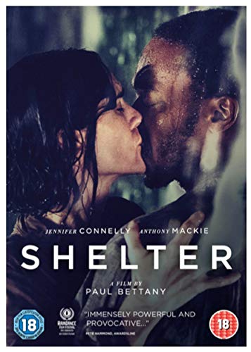 "Shelter DVD cover featuring a man and woman face to face in the rain."