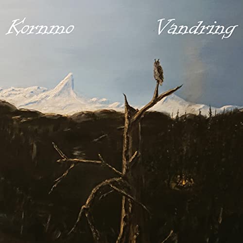 Painting of snowy mountains, dark trees, and an owl perched on a branch.