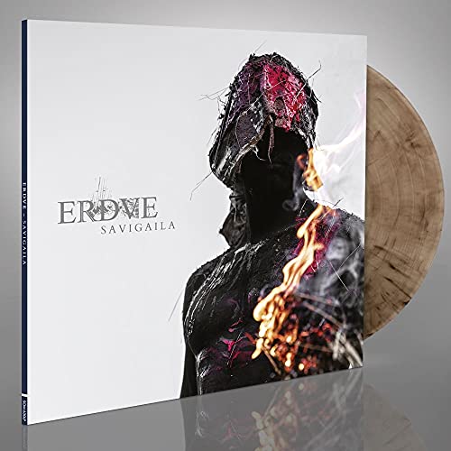 Vinyl record cover featuring a silhouetted figure with flames, and marbled vinyl.