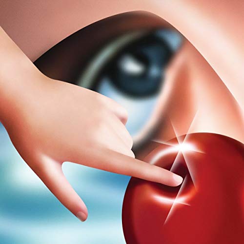 Close-up of a hand touching a glowing red sphere near an eye.