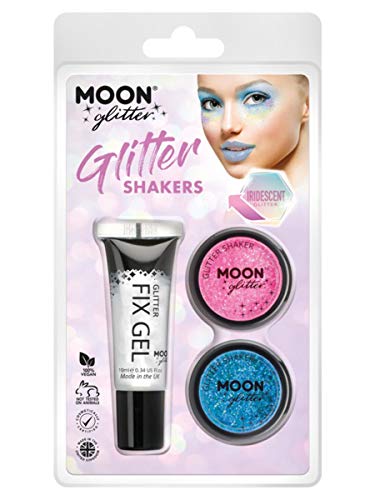 "Moon Glitter Shakers packaging with blue and pink glitters and a fix gel tube."