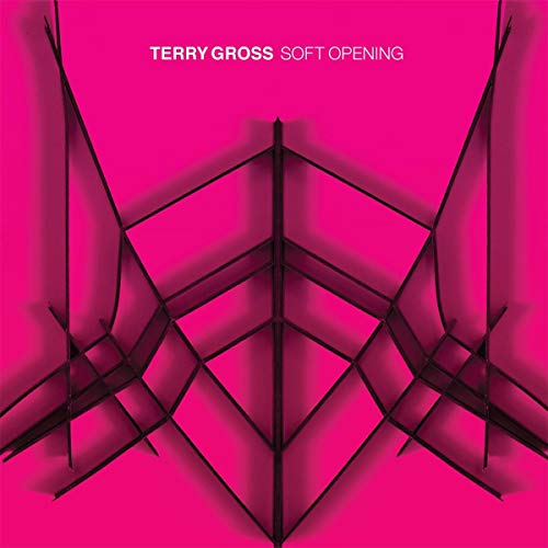 Pink vinyl record cover with abstract black geometric design.