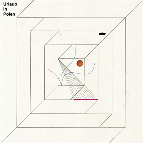 Vinyl record cover with abstract geometric lines and a red sphere.