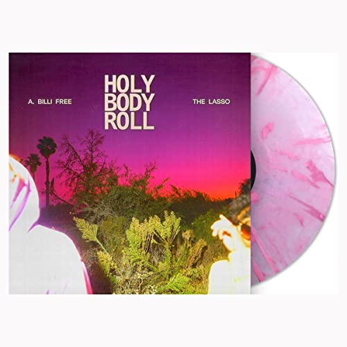 Vinyl record with pink marble effect, album cover featuring a sunset landscape.