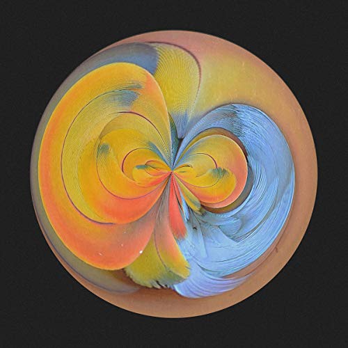 The image depicts a vinyl record with a colorful, swirling design on its surface. For accessibility purposes, a suitable alt text could be: "Vinyl record with yellow, orange, and blue swirling pattern on a black background."