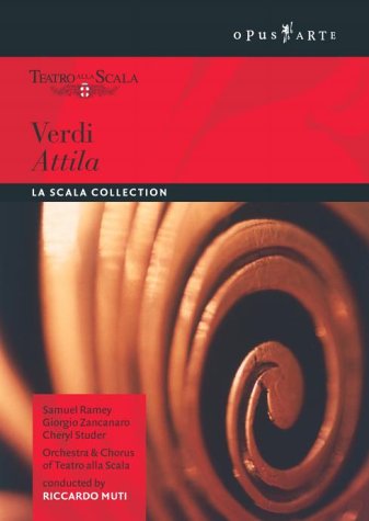 DVD cover for "Verdi Attila" with red and black design, featuring a spiral pattern.