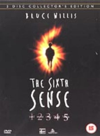 The Sixth Sense" DVD cover featuring a silhouetted figure amidst fiery light.