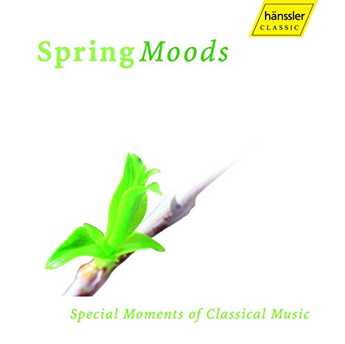 "CD cover with 'Spring Moods' title, green leaves on a branch, and 'hanssler CLASSIC' logo."