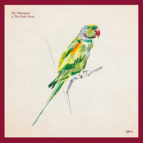 Watercolor illustration of a green parrot perched on a branch against a cream background.
