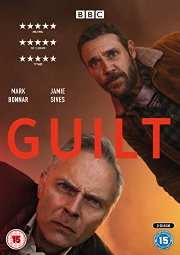 "Guilt DVD cover featuring two men with 'Guilt' in red letters on an orange background."